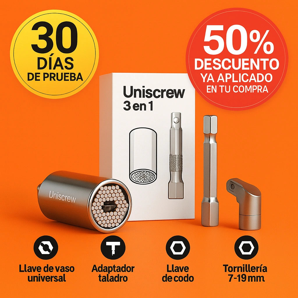Uniscrew 3in1™ – Aprieta y suelta cualquier tornillo en minutos, incluso en huecos imposibles (+ Codo 105° y Extensor incluidos, Envío GRATIS).