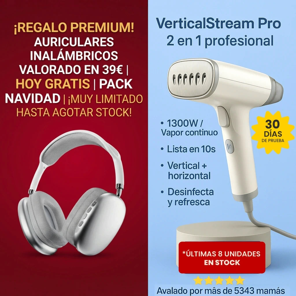 VerticalStream Pro™ - La plancha vertical profesional que elimina arrugas 3 veces más rápido, incluso sin tabla de planchar. 1300W 85ml (Hoy GRATIS incluye Auriculares Inalámbricos)