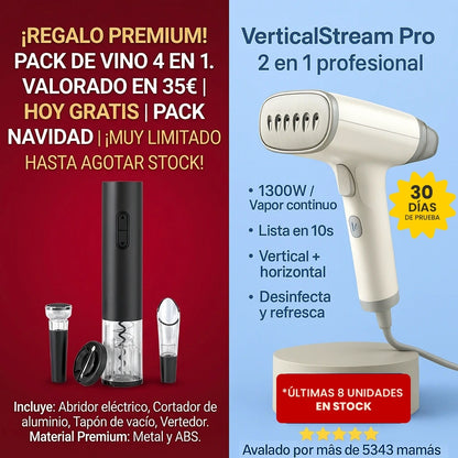 VerticalStream Pro™ - La plancha vertical profesional que elimina arrugas 3 veces más rápido, incluso sin tabla de planchar. 1300W 85ml (Hoy GRATIS incluye Pack Abridor)