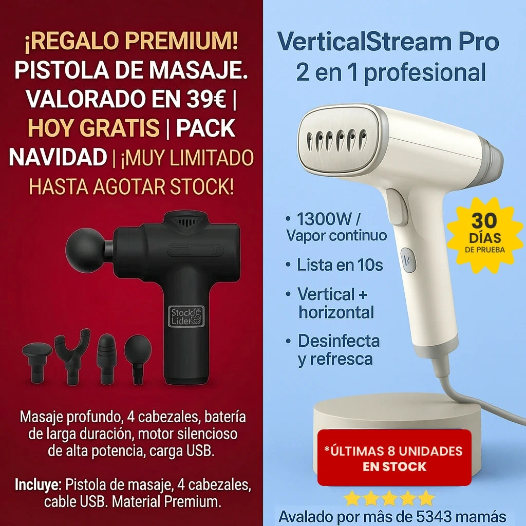 VerticalStream Pro™ - La plancha vertical profesional que elimina arrugas 3 veces más rápido, incluso sin tabla de planchar. 1300W 85ml (Hoy GRATIS incluye Set Pistola Masajeadora)