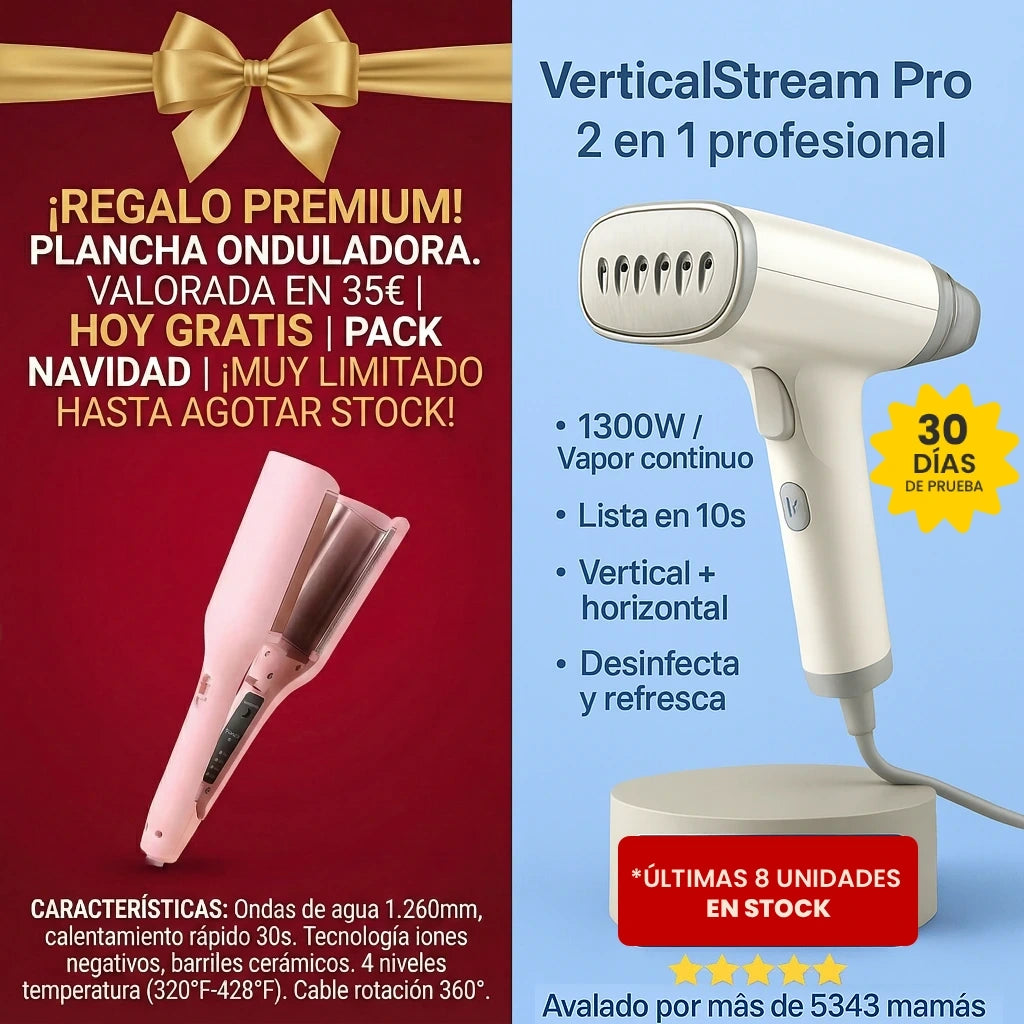 VerticalStream Pro™ - La plancha vertical profesional que elimina arrugas 3 veces más rápido, incluso sin tabla de planchar. 1300W 85ml (Hoy GRATIS incluye Rizador Profesional)