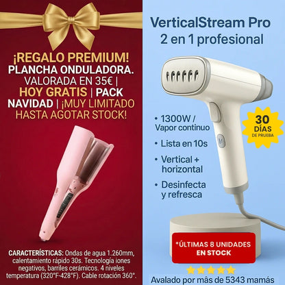 VerticalStream Pro™ - La plancha vertical profesional que elimina arrugas 3 veces más rápido, incluso sin tabla de planchar. 1300W 85ml (Hoy GRATIS incluye Rizador Profesional)