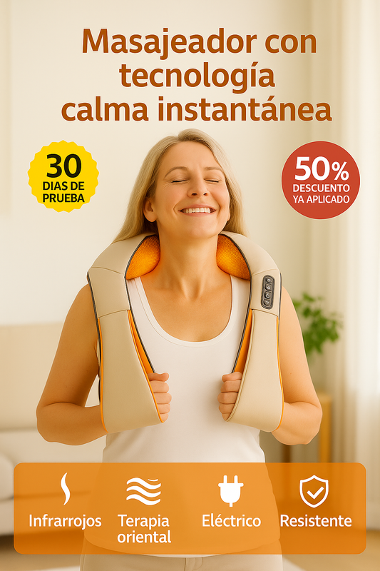 Calma™ – Masajeador con tecnología infrarroja profunda, calor, presión y terapia oriental que libera tu cuello y espalda desde la raíz del dolor; no se agota, no se rompe y llega donde los masajeadores comunes ni alcanzan (+ Envío GRATIS)