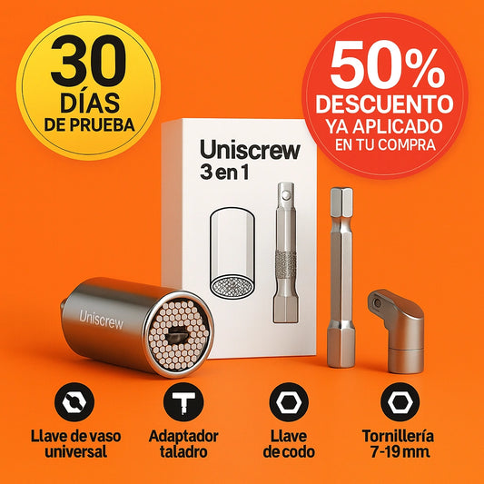 Uniscrew 3in1™ – Aprieta y suelta cualquier tornillo en minutos, incluso en huecos imposibles (+ Codo 105° y Extensor incluidos, Envío GRATIS).