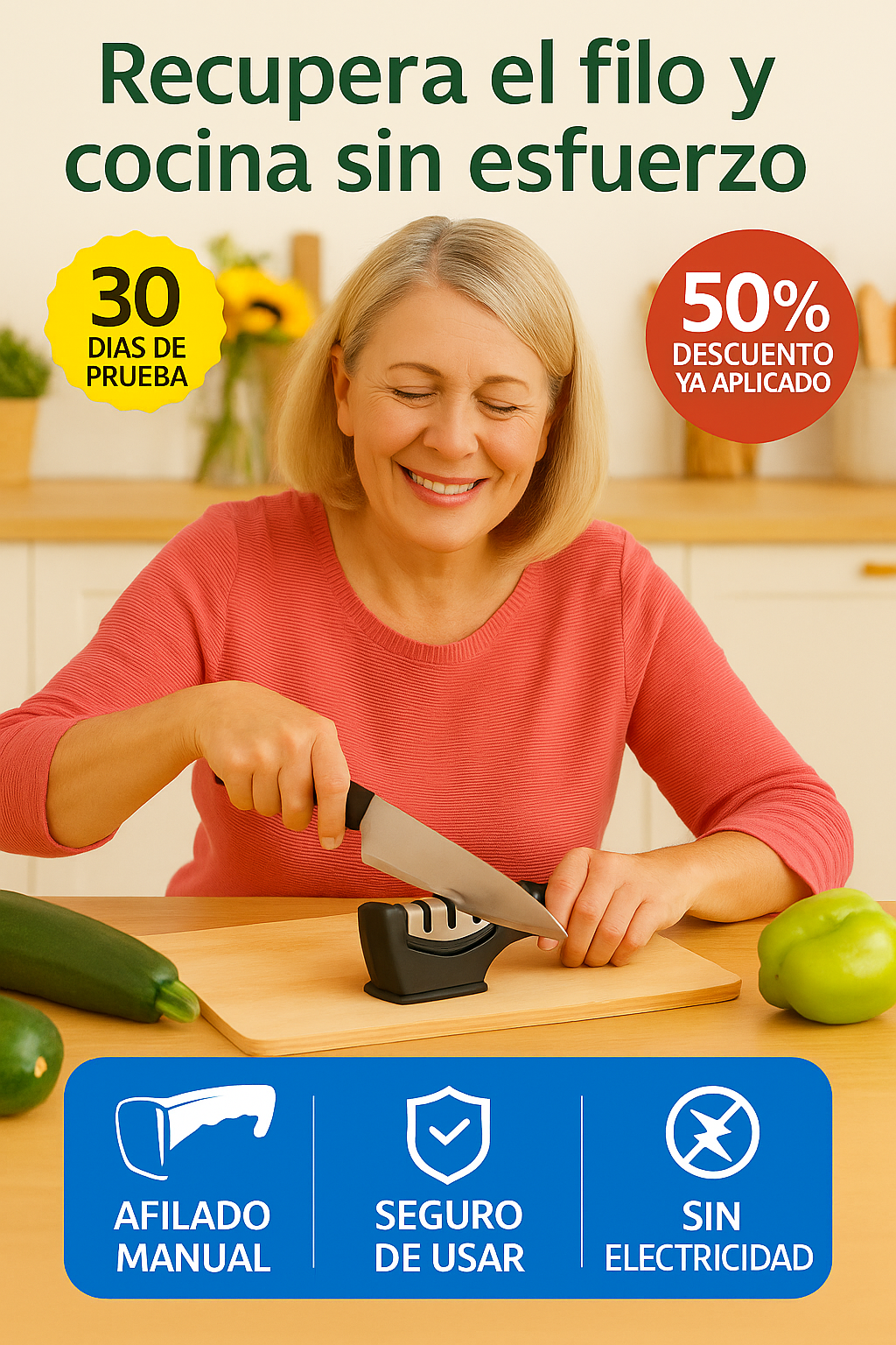 Afilmax™ — El único afilador manual con tecnología EdgeSense™ que devuelve el filo original de tus cuchillos en solo 30 segundos, sin miedo a cortarte, sin gastar luz y sin esfuerzo (+ Incluye base antideslizante + Envío GRATIS)
