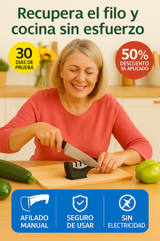 Afilmax™ — El único afilador manual con tecnología EdgeSense™ que devuelve el filo original de tus cuchillos en solo 30 segundos, sin miedo a cortarte, sin gastar luz y sin esfuerzo (+ Incluye base antideslizante + Envío GRATIS)