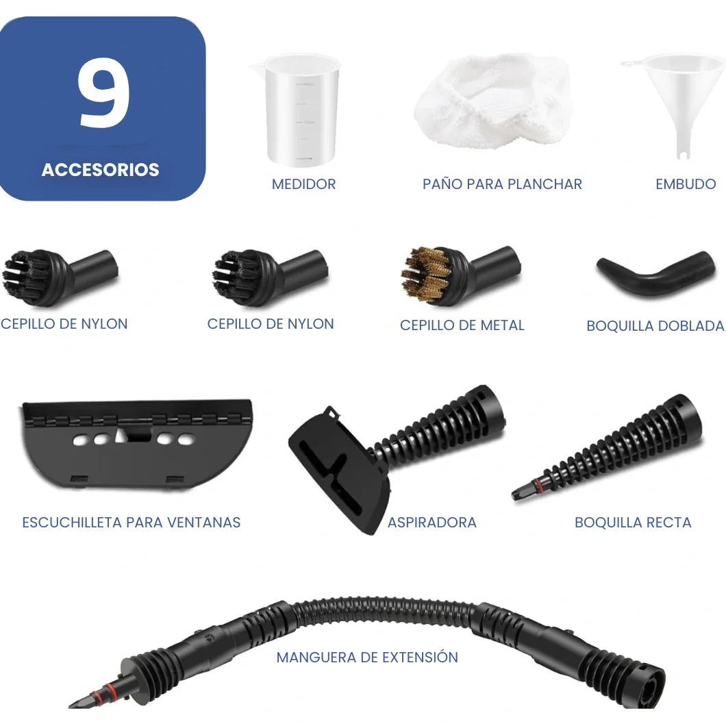 Vaporera de mano multiusos VaporClean™ - La única forma de limpiar y eliminar el 99,9% bacterias de tu hogar. (Hoy +9 accesorios GRATIS). 0,35 L 3 Bar 1000W