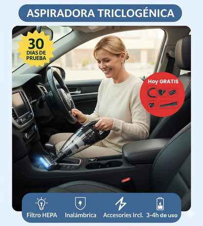 TurboMax Inalámbrica™ - La única aspiradora de coche Triclogénica. 3 veces más potente, 3 veces mas batería y 3 veces más capacidad. (Hoy incluye GRATIS los 5 complementos) 120W