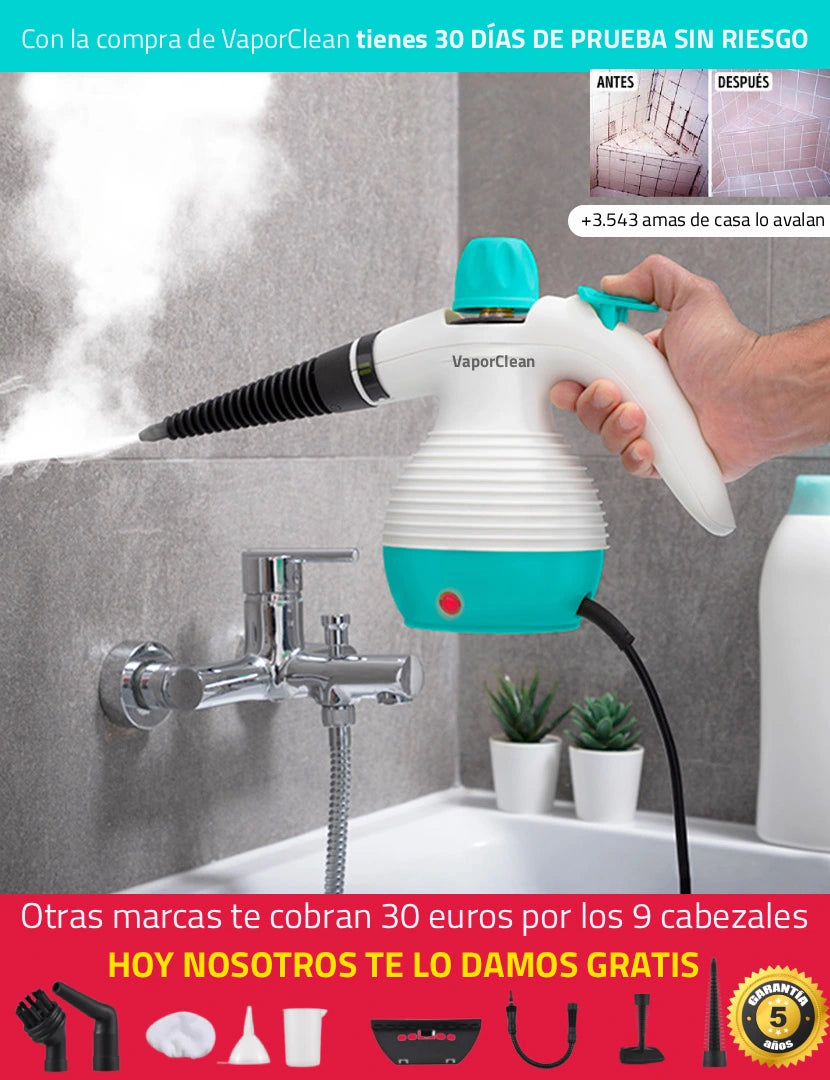 Vaporera de mano multiusos VaporClean™ - La única forma de limpiar y eliminar el 99,9% bacterias de tu hogar. (Hoy +9 accesorios GRATIS). 0,35 L 3 Bar 1000W