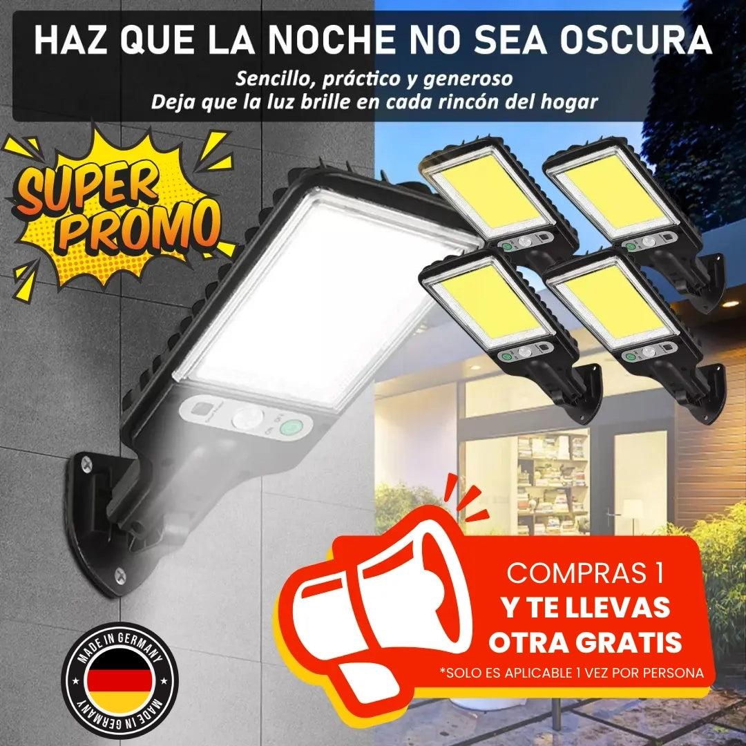 1 + 1 GRATIS | PowerGLOW Profesional™ - La única lampará solar con batería extendida. (Incluye soporte, sensor movimiento, anti-lluvia, 3 modos de luz y mando).