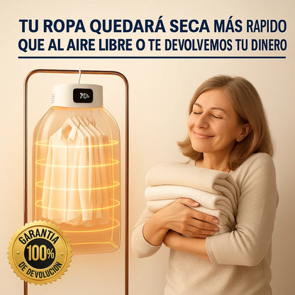 Secadora DryGO™ - La única del mercado que seca y desinfecta tu ropa al mismo tiempo. Sin ocupar espacio y sin cables enredados. En menos de 40 minutos por cada 6 prendas. Gasto en luz reducido.