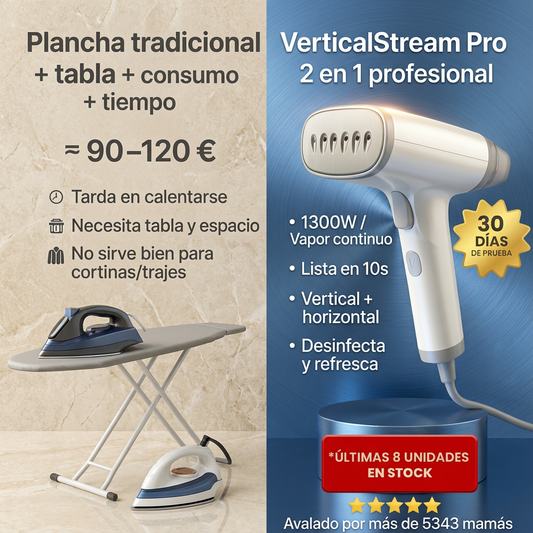VerticalStream Pro™ - La plancha vertical profesional que elimina arrugas 3 veces más rápido, incluso sin tabla de planchar. 1300W 85ml (Hoy con Envío Gratis y oferta única hasta agotar stock)